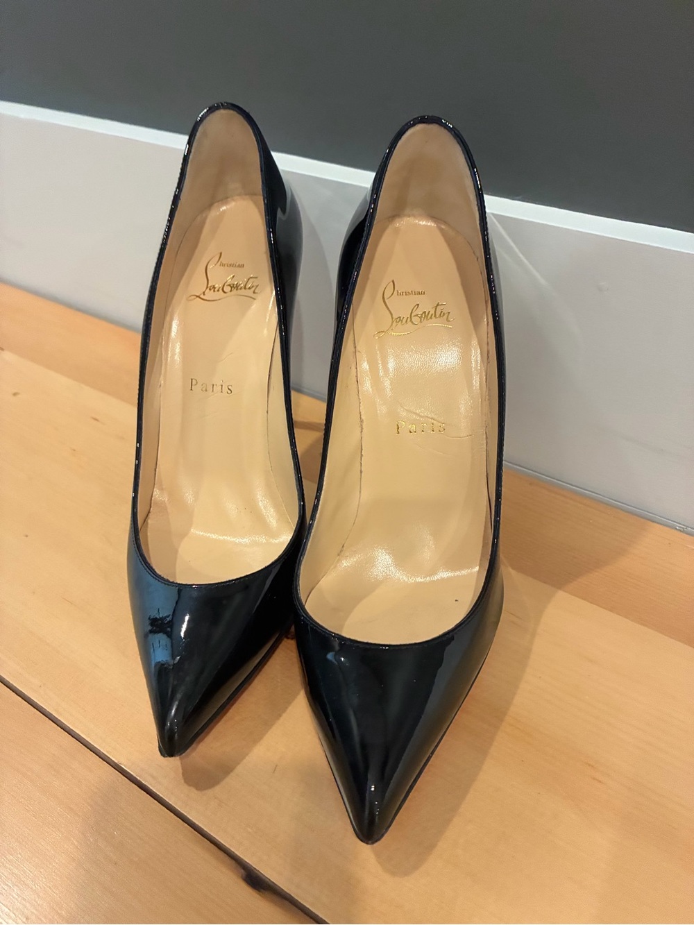 Christian Louboutin Black Patent Pointed-Toe Pumps with Red Somes
